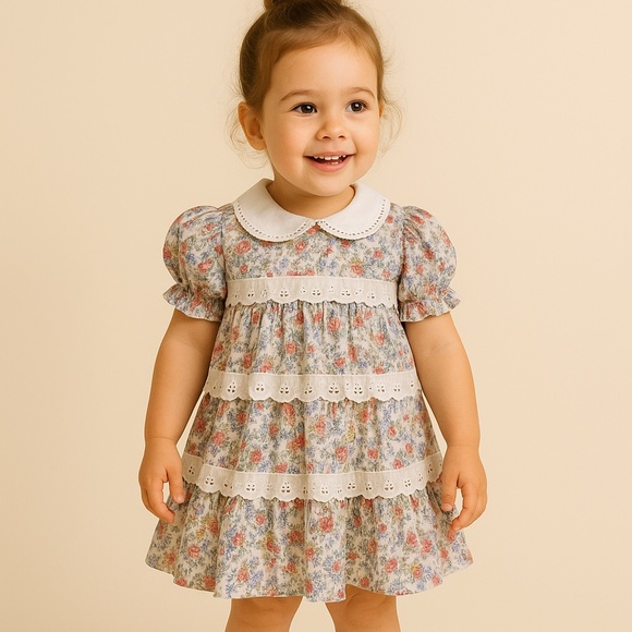 2T 70's Floral Short Sleeve Dress Eyelet Trim Tiered Puff Sleeve Collar - Picture 1 of 9